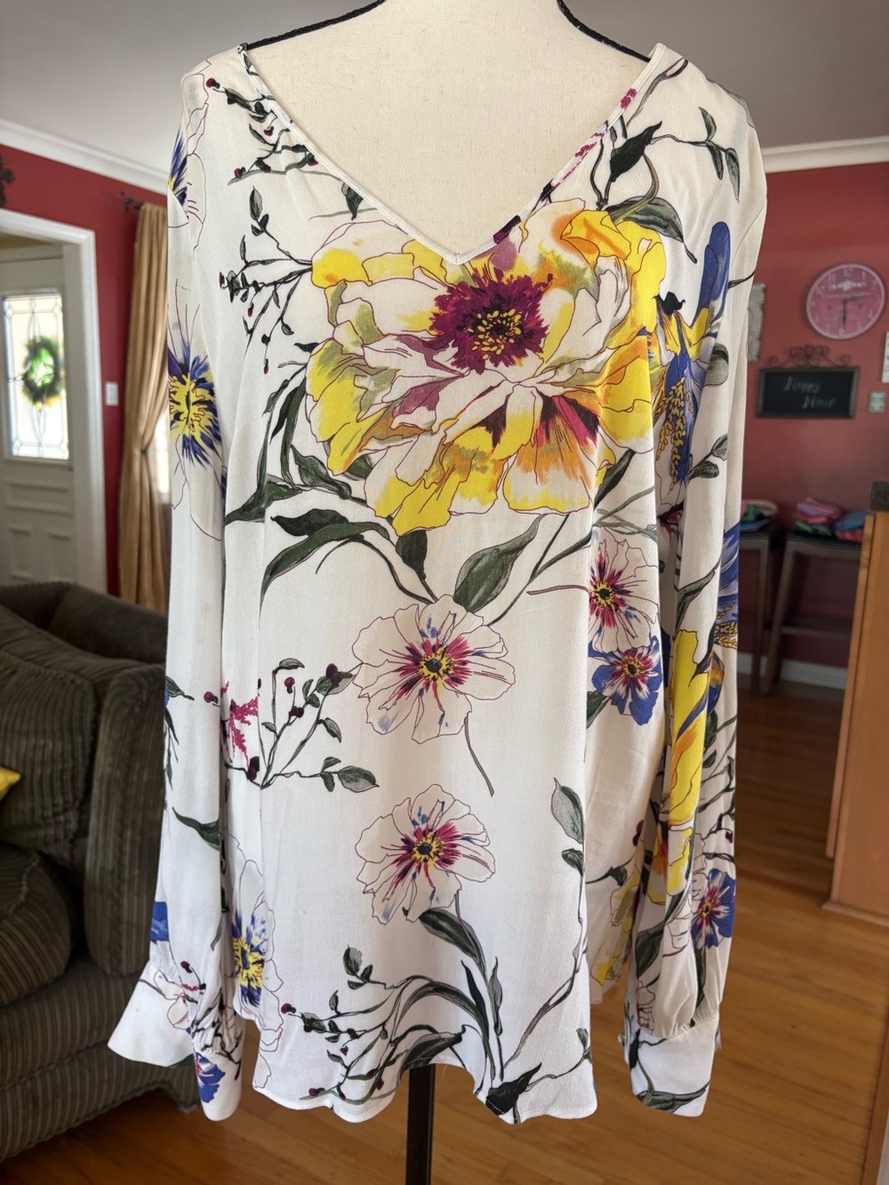 Banana Republic White Floral Blouse with Yellow & Blue Accents